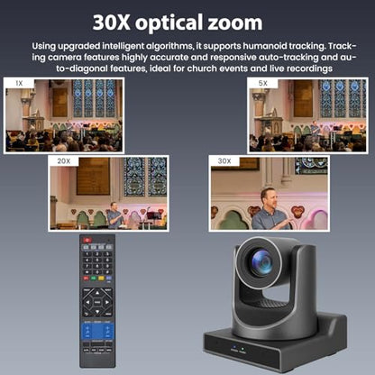 NDI PTZ Camera with AI Auto Tracking, 30X Optical Zoom, HD 1080P 60fps Conference Cameras, PoE LAN 3G-SDI/HDMI/USB3.0/IP, Professional for Live Streaming Church Wedding Education,with vMix OBS Zoom - color: Classic Black