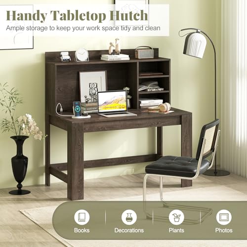 Giantex Computer Desk with Hutch, Modern Home Office Desk with Power Outlets, Storage Shelves & Cable Hole, Makeup Vanity Table, Study Writing Desk for Bedroom Office Small Space (Grey Oak) - color: Grey Oak