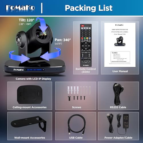 FoMaKo PTZ Camera 30X Optical+16X Digital Zoom, 1080P 60fps AI Auto-Tracking/Auto Frame, USB3.0 3G-SDI HDMI PoE+ LCD IP Display for Conference Room Live Streaming Church Worship, NDI Upgradeable K30 - color: Classic Black