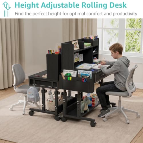 WINAZ Black Mobile Kids Desk - 32" Height Adjustable Study Table with Hutch - color: Black
