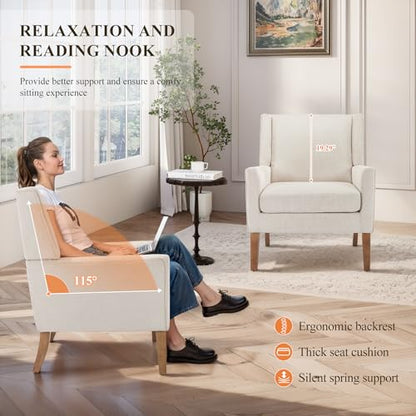 Living Room Chair, Wingback Mid-Century Accent Chair – Comfy Single Sofa with Solid Wood Legs & Velvet-Like Fabric, Oversized Armchair for Living Room/Bedroom/Reading Nook&Lounge