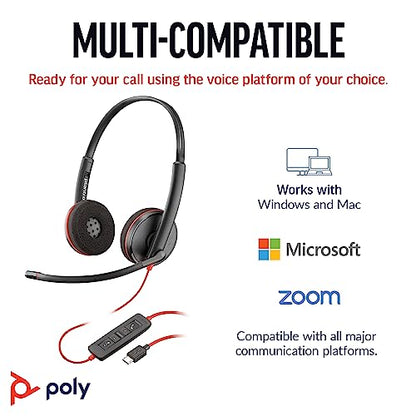 Poly Blackwire 3220 Wired Headset with Mic, Hi-Fi Stereo Sound, Noise-Canceling Mic, Stereo Design, Connect to PC via USB-C & USB-A Adapter, (Renewed)