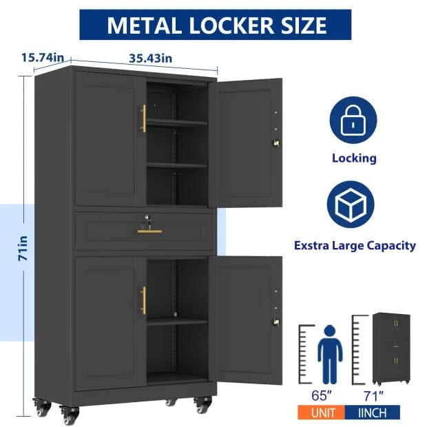 Ckzbx Metal Garage Storage Cabinet with Locking Drawers and Adjustable Shelves,74" H Rolling Tool Storage with Wheels for Garage,Office (Black)