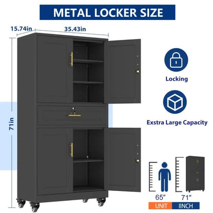 Ckzbx Metal Garage Storage Cabinet with Locking Drawers and Adjustable Shelves,74" H Rolling Tool Storage with Wheels for Garage,Office (Black)