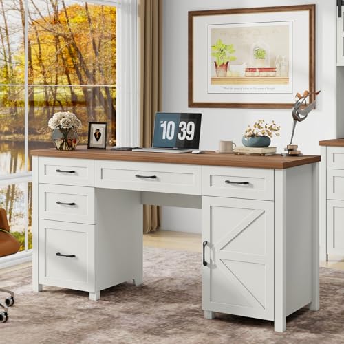 Halitaa Farmhouse 61'' Executive Desk with 5 Drawers,Unique White | Rustic Office Desk, File Drawers and Storage Cabinet, Wood Workstation for Study and Home Office - color: Unique White, size: 61''W with 5 Drawers