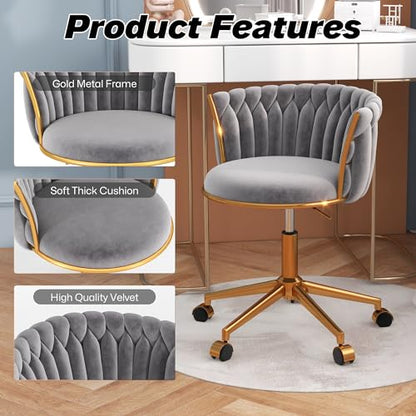 HENGJIANYI Velvet Woven Home Swivel Vanity Desk Chair with Gold Base, Gray | Modern Height Adjustable Office Chair with Metal Base and Hand Weaving Back Wheels for Bedroom Study Small Space girl women - color: Grey