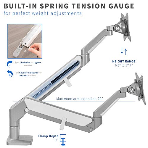 VIVO Space Saving Dual 17 to 32 inch Pneumatic Spring Arms, Aluminum Clamp-on Desk Mount Stand, Fits 2 Monitor Screens with Max VESA 100x100, Silver, STAND-V200A