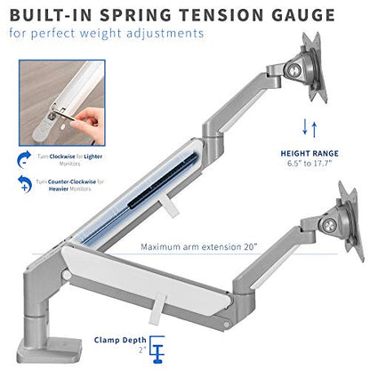 VIVO Space Saving Dual 17 to 32 inch Pneumatic Spring Arms, Aluminum Clamp-on Desk Mount Stand, Fits 2 Monitor Screens with Max VESA 100x100, Silver, STAND-V200A