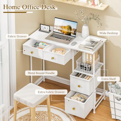 3IngSeagulls Small Computer Desk with 4 Fabric Drawers, Simple Writing Desk for Home Office, Compact Study Desks for Small Spaces, Kids Desk Study for Bedroom, White - color: White