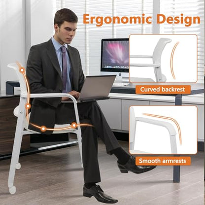 CLATINA Mesh Back Guest Reception Stacking Chair with Wheels, Waiting Room Stackable Chairs with Upholstered Leather Seat & Ergonomic Lumbar Support for Office Conference School Lobby, White, 2 Pack - size: 2pack