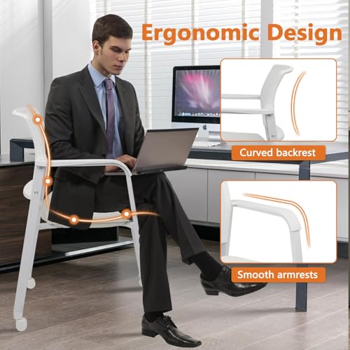 CLATINA Mesh Back Guest Reception Stacking Chair with Wheels, Waiting Room Stackable Chairs with Upholstered Leather Seat & Ergonomic Lumbar Support for Office Conference School Lobby, White, 4 Pack - size: 4pack