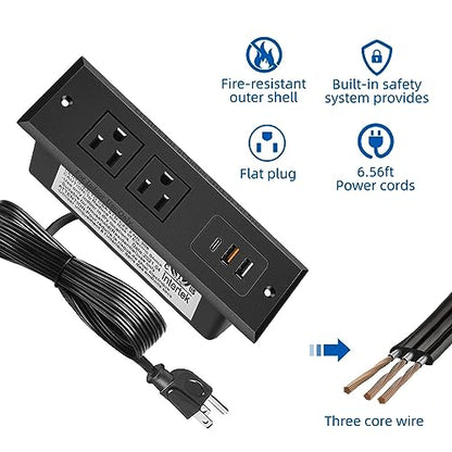 TOOCUST 2 Pack Furniture Recessed Power Strip with USB C Port, Desk Outlet with 3 USB Ports, Conference Recessed Power Strip Socket with USB Ports with 2 Ac Plugs