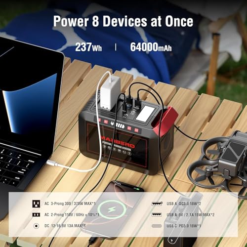 Portable Power Station 300W MARBERO 237Wh Camping Solar Generator Backup Lithium Battery with Pure Sine Wave 110V AC Outlet, USB C, USB A, DC for Outdoors Camping CPAP Home Blackout Emergency | Backup Lithium Battery with Pure Sine Wave 110V AC Outlet, US