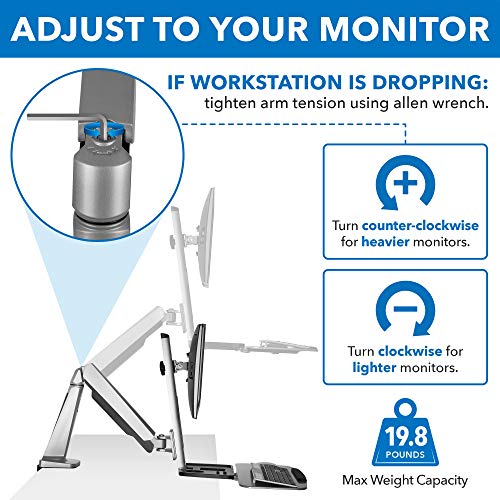 Mount-It! Sit-Stand Monitor Arm Desk Mount Workstation with Keyboard Tray, Single Monitor Mount Fits Up to 32”, Gas Spring Height Adjustable, VESA 75x75 100x100, Clamp or Grommet, Silver