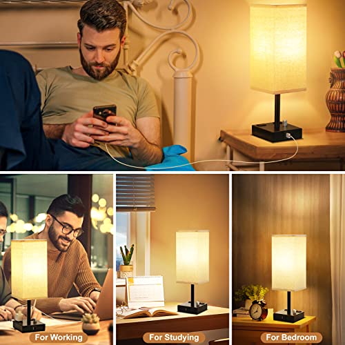 Bedside Table Lamps Set of 2 for Bedroom - Dimmable, USB C+A, 2 AC Outlets | Stepless Dimmable by Rotary Knob, 3000K LED Bulbs Included, Square Beige Linen Shade, Nightstand Lamp for Living Room, Desk - color: Beige