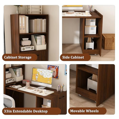 Walnut Wooden Foldable Murphy Desks for Small Spaces(Walnut,) | Home Computer Desk with Storage Shelves, Hideaway Writing Desk, Space Saving Pull Out Study Table for Bedroom Apartment - color: Walnut,