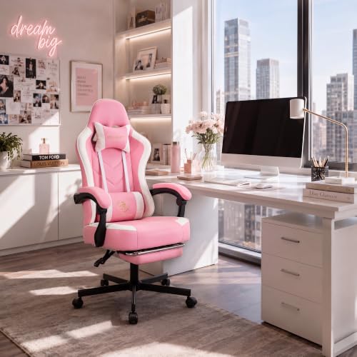 Desk Computer Gaming Chair - High Back Ergonomic Office Chair with Footrest and Lumbar Support, Swivel Comfy Home Gamer Video Game Chairs with Pocket Spring Cushion for Adults (Pink Leather) - color: Classic Pink Leather