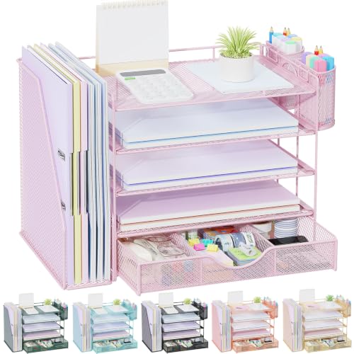 gianotter 5-Tier Desk Organizer with Drawers and File Holders | Letter Trays and Pen Holders - Workspace Accessories for Office Supplies (Pink) - color: Pink, size: 5T