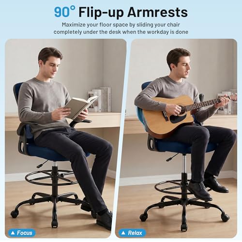 Drafting Chair for Standing Desk, Tall Office Chair with 22"-30" Seat Height &7" Lift Footrest Ring, Ergonomic Executive Mesh Computer Counter Stool with Lumbar Support &Flip-up Arms for Artist - color: Navy