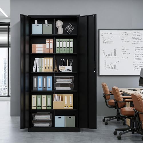 VINGLI Metal Garage Storage Cabinet with 2 Doors and 5 Adjustable Shelves, 71" Tall Steel Lockable File Cabinet, Locking Tool Cabinets for Home Office Garage Gym School (Black) - color: Black, size: 71'' Cabinet (5-Shelf)