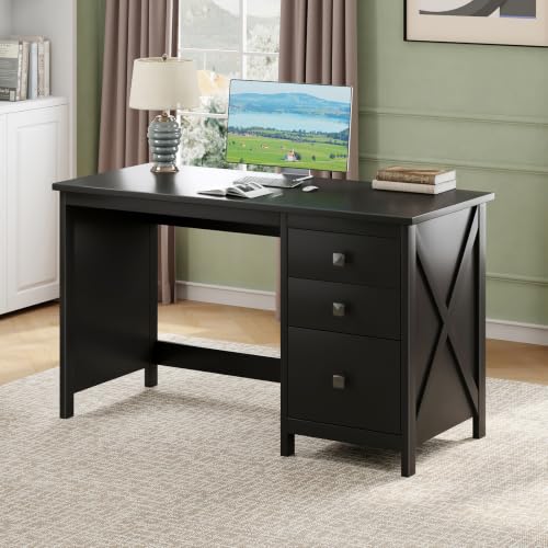 JSB 47.2 Inch Black Computer Desk with 3 Drawers for Home Office Bedroom | Study Writing Table for Small Spaces Living Room Farmhouse Style , Smart Storage, Painted finish, Thickened MDF - color: Black, size: 47.2in