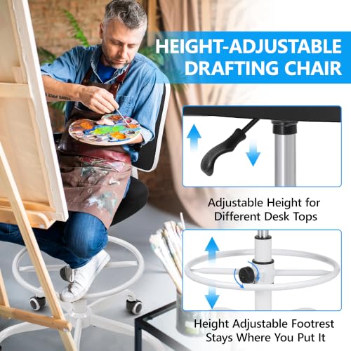 Primy Armless Mid-Back Ergonomic Standing Desk Chair - Mesh Rolling Tall Chair, Adjustable Height and Footring, Art Room, Office or Home (White) - color: White, size: PR777-Z