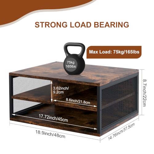 2 Tier Printer Stand with Storage, Wooden Printer Shelf with Metal Frame, Desktop Paper Organizer for Home Office, Multi-Functional Desk Rack for Fax Scanner, Brown