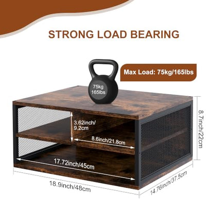 2 Tier Printer Stand with Storage, Wooden Printer Shelf with Metal Frame, Desktop Paper Organizer for Home Office, Multi-Functional Desk Rack for Fax Scanner, Brown