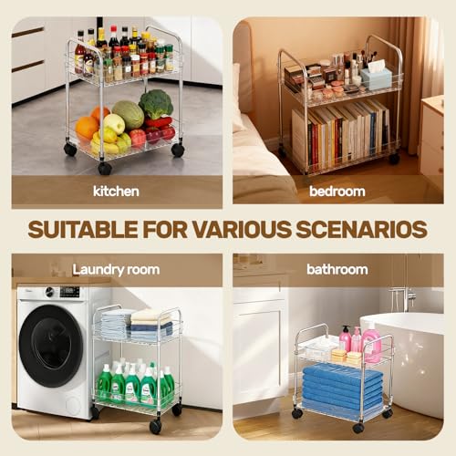 2 Tier Utility Rolling Cart with Wheels Multifunctional Storage Cart Under Desk Storage Organizer with Handle and Hooks for Home Kitchen Office Bathroom Organization Transparent
