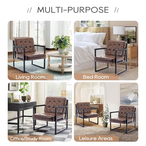 COLAMY Mid Century Modern Accent Chair Set of 2, Comfy Living Room Chair, Brown Leather Accent Chair, Faux Leather Reception Armchair with Metal Legs for Living Room Bedroom Reception Office, Brown - color: Brown, size: Set of 2