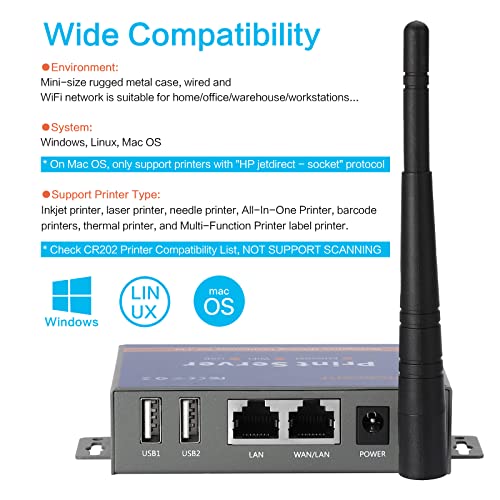 Wireless Print Server for USB Printer (NOT Plug&Play), 2 Port USB Print Server, Convert Wired Printer to Wireless WiFi Ethernet Networking - Windows Mac Linux Compliant - CR202