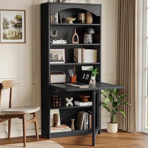 Einhomn Folding Desk with Storage, Space-Saving Foldable Convertible Writing Table, Wall Mount Fold Out Computer Desk for Home Office, Craft Room, Living Room, Bedroom, Black - color: Black