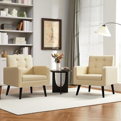 Yaheetech Mid Century Accent Chairs Set of 2 Living Room Chairs Retro Beige | Faux Leather Upholstered Sillones Para Sala, Modern Reading Nook Chairs, Button Tufted Back, Rubberwood Legs, Bedroom Office - color: Beige, size: set of 2