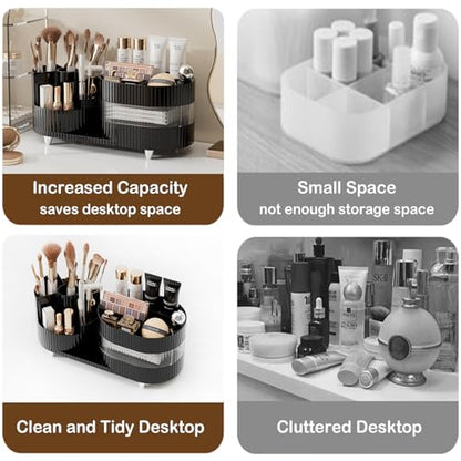 Rotating Vanity Organizer with Brush Holder and Drawer, 3 Layer Cosmetic Skincare Storage, Large Countertop Makeup Perfume & Lotions Display Case (Black) - color: 3 Layer Rotating Makeup Organizer-Black