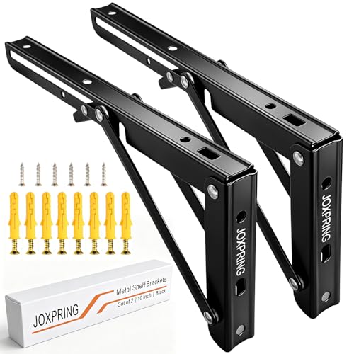 10 Inch Folding Shelf Brackets, Heavy Duty Wall Mounted Collapsible Metal Shelf Bracket, Black Folding Table Brackets for Workbench, Kitchen, Living Room, Bedroom, Study, 2 Pack - size: 10 Inch