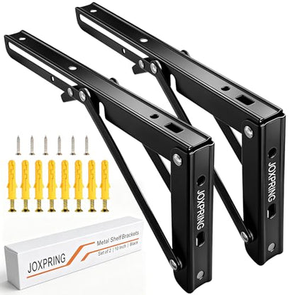 10 Inch Folding Shelf Brackets, Heavy Duty Wall Mounted Collapsible Metal Shelf Bracket, Black Folding Table Brackets for Workbench, Kitchen, Living Room, Bedroom, Study, 2 Pack - size: 10 Inch