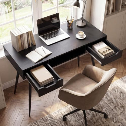 Tangkula Mid Century Modern Computer Desk | Writing Desk with 2 Drawers & Open Center Storage, Small Wooden Study Table for Home Office & Compact Spaces (Black) - color: Black