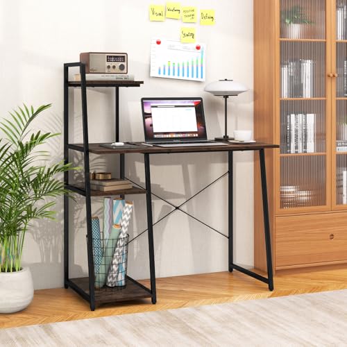 MAT EXPERT Computer Desk with Ladder Shaped Shelves, Compact Home Office Desk w/Monitor Stand & Adjustable Foot Pads, Modern Writing Study Desk PC Laptop Workstation for Home Office (Rustic Brown) - color: Rustic Brown