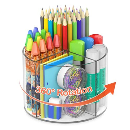 Mefirt Acrylic Pen Holder, 360 Degree Marker Organizer for Desk, Rotating Desk Storage With 4 Compartments, Art Supply Crayon Holder for Office School Home, Clear - style: Clear-Medium