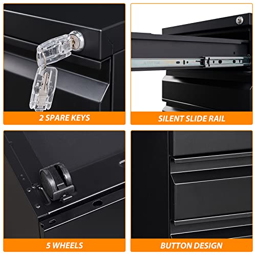 3 Drawer File Cabinet with Wheels, Metal Filing Cabinet with Lock, Office Rolling File Cabinets for A4/Legal/Letter Size, Assembly Required, Black - color: Black, size: 3 Drawer (Wheel)
