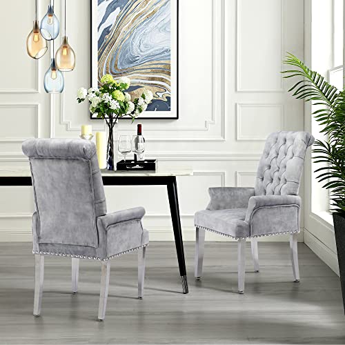 LOULENS Velvet Dining Chairs Set of 2, Dining Chairs with Arms, Grey | Upholstered, High Back, Tufted, Luxurious, Stainless Steel Leg, for Kitchen & Dining Room - color: Grey, size: 2 PCS