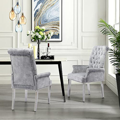 LOULENS Velvet Dining Chairs Set of 2, Dining Chairs with Arms, Grey | Upholstered, High Back, Tufted, Luxurious, Stainless Steel Leg, for Kitchen & Dining Room - color: Grey, size: 2 PCS