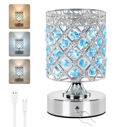 TOBUSA Blue Crystal Rechargeable Table Lamp, Cordless 6000mAh Battery Operated Lamp with 3 Color & Stepless Dimming, Silver Portable Touch Small Desk lamp for Bedroom, Living Room, Office, Bar - color: Blue