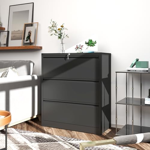 3 Drawer File Cabinet with Lock, Metal Lateral Filing Cabinets - color: Black, size: 3 Drawer_ 35"W
