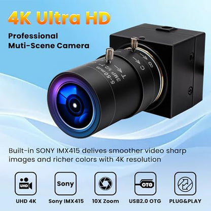 4K USB Camera, Ultra HD 2160P Webcam | 5-50mm 10X Optical Zoom Lens, Plug and Play for Video Conference, Compatible with Windows/macOS/Linux/Raspberry Pi - size: 5-50mm Varifocal Lens