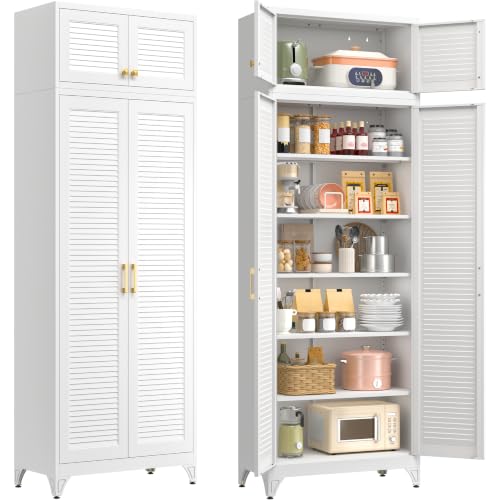Polup 90" Tall Metal Kitchen Pantry Storage Cabinet with Doors and Shelves | Heavy-Duty White Cabinet, 5 Adjustable Shelving, Gold Handles, Louvered Doors, for Dining Living Room, Bathroom & Garage - color: White, size: 90"H - Louvered Door