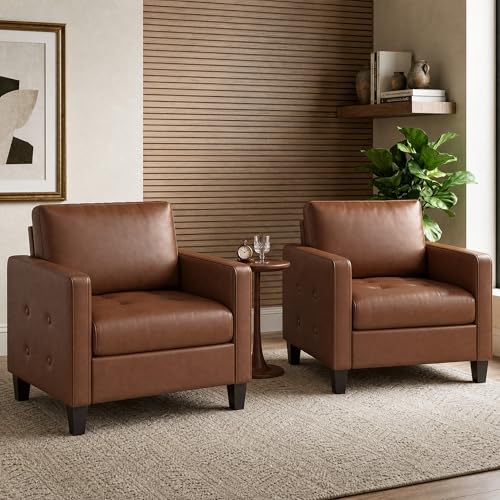 Brown Accent Chairs Set of 2, Faux Leather Living Room Chair | STHOUYN, Mid-Century Modern, Tufted Armrest and Seat, Cozy, Office, Reading, Waiting Room, Bedroom - color: Brown, size: 2