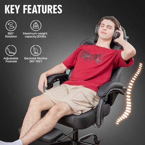 GTPLAYER Gaming Chair, Office Chair High Back Computer Chair with Foot Rest for Adults, Leather Desk Chair Executive Ergonomic Height Adjustable with Headrest and Lumbar Support, 300lbs Black - color: Black