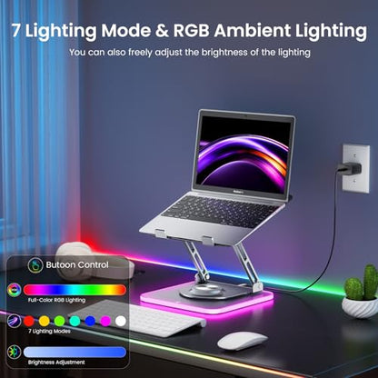360°Rotating Laptop Stand with RGB Lights, Fits 10-16"Laptops MacBooks | 7-Level RGB Lights, Adjustable Multi-Angle Ergonomic Aluminum Laptop Stand, Foldable & Portable for Home & Office - color: RGB-Grey