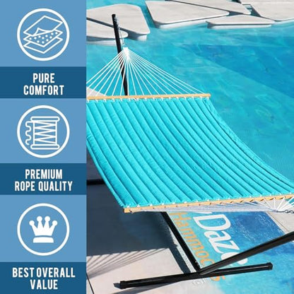Lazy Daze Double Quilted Hammock with Pillow for Outside, Fit 13-15Ft Stand - color: Aqua